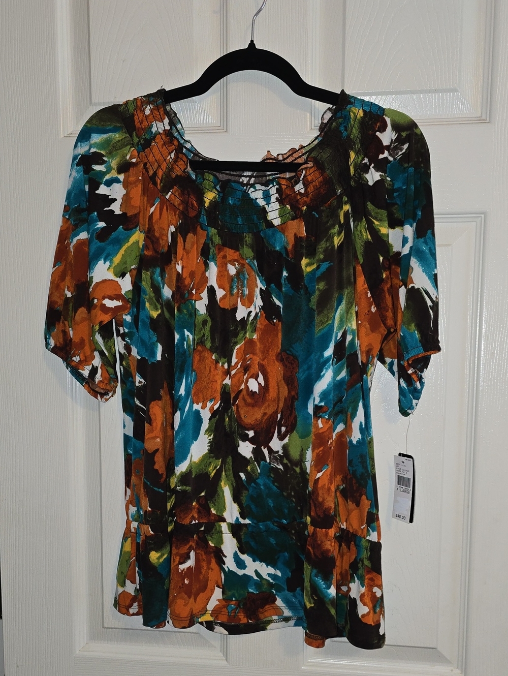 AGB Teal, Rust & Green Floral Smocked-Neck Blouse